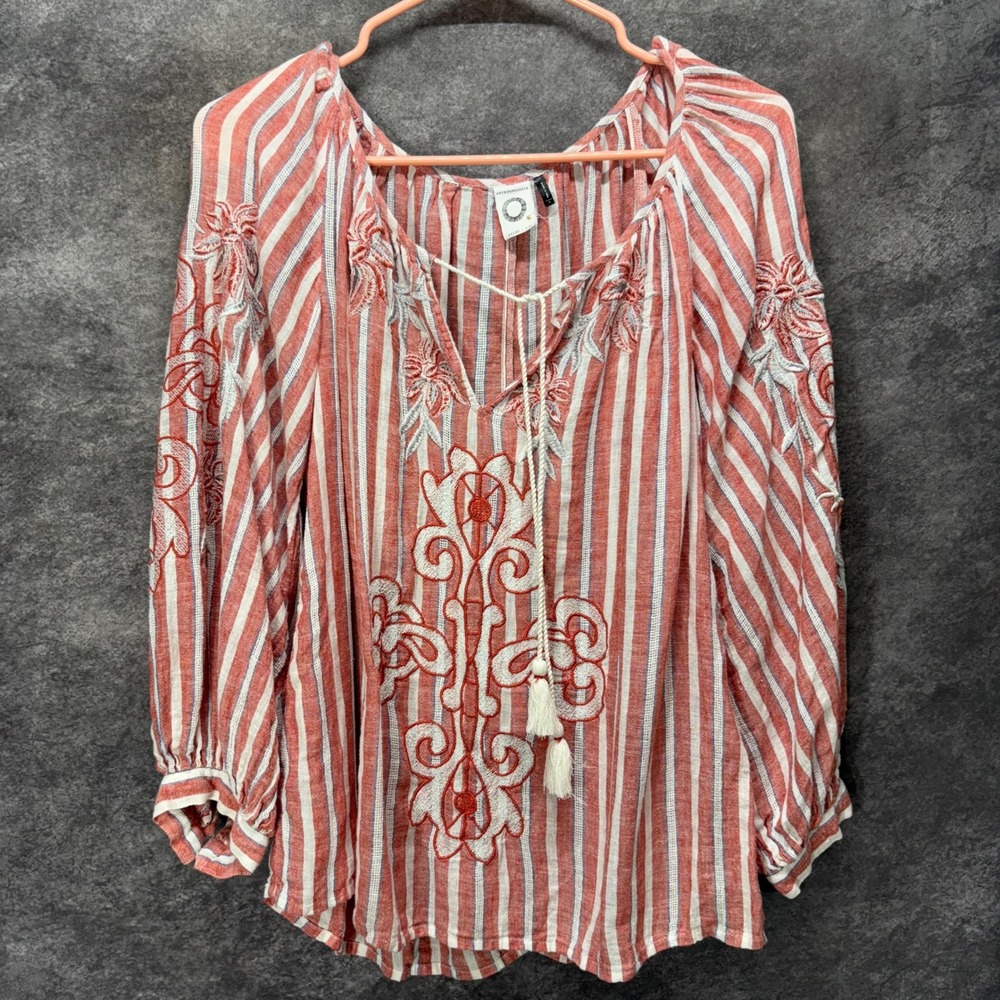Anthropologie Akemi + Kin Audria Red White Striped Linen Embroidered Top Size S